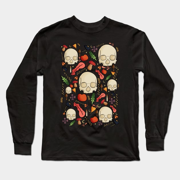 Skulls, leaves and mushrooms Long Sleeve T-Shirt by Swadeillustrations